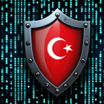 **Image:** A stylized shield with a padlock integrated into its design, overlaid with binary code.  The background features a subtle Turkish flag motif. Concept: Strong digital defense for personal data.