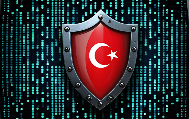 **Image:** A stylized shield with a padlock integrated into its design, overlaid with binary code.  The background features a subtle Turkish flag motif. Concept: Strong digital defense for personal data.
